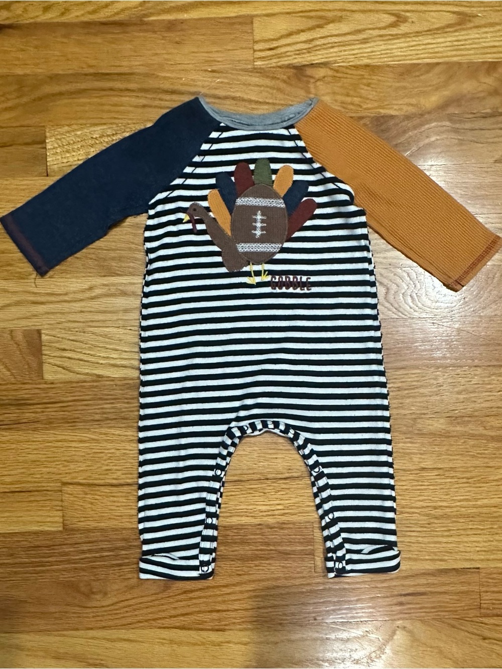 Mud Pie Navy & White Striped Gobble Turkey Raglan Romper - Thanksgiving 3-6m